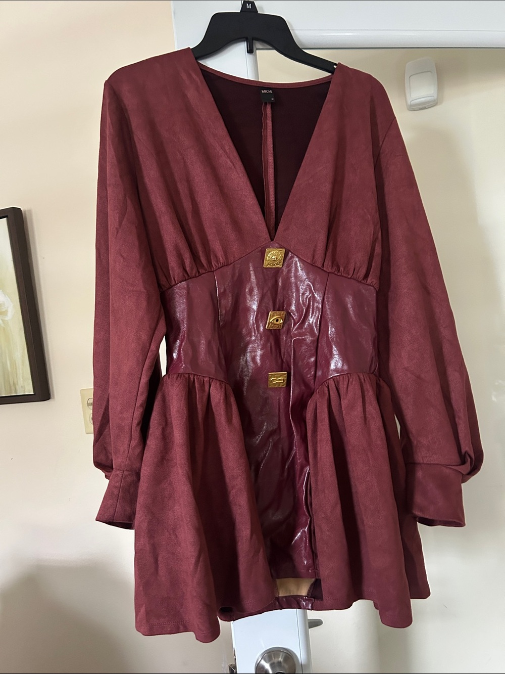 Micas Long-Sleeve Burgundy V-Neck Peplum Dress